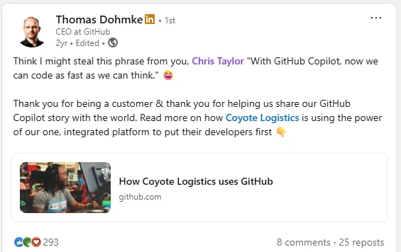 Thomas Dohmke, CEO at GitHub, posting that he might steal the phrase 'with GitHub Copilot, now we can code as fast as we can think' from Chris Taylor