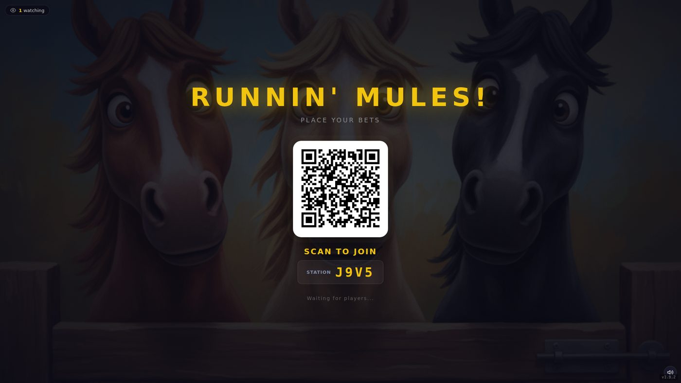 Board view in the betting phase, showing a full-screen attract overlay with station code and QR code for phones to scan