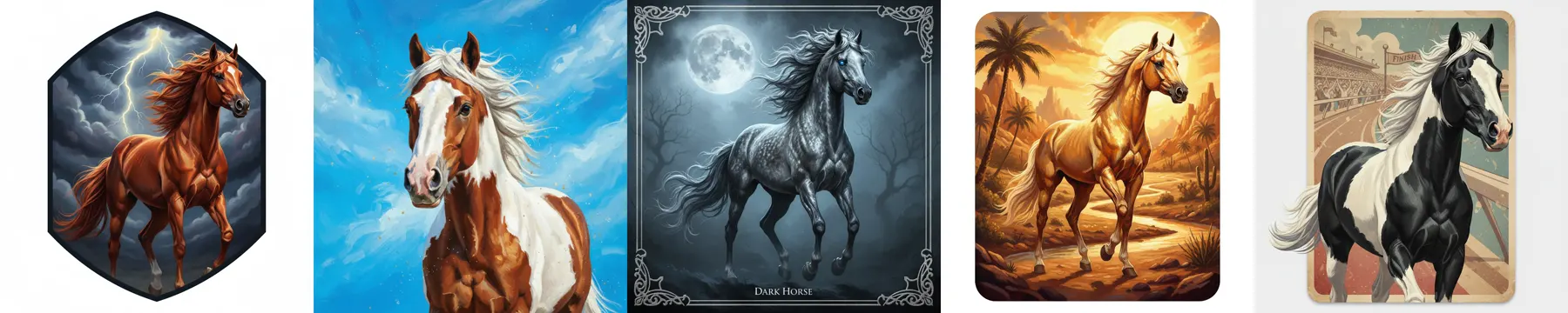 The five horse cards, each in its own art style: Thunderbolt under a lightning storm, Lucky Star against a blue sky, Dark Horse in moonlight, Gold Rush in a desert sunset, and Long Shot as a vintage postcard