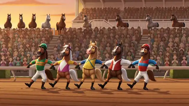 Animated loop: all five horses upright in their racing silks, dancing in front of a packed grandstand at sunset