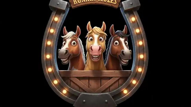 Animated loop: five horses and jockeys charging out of the starting gate through a dust storm at sunset