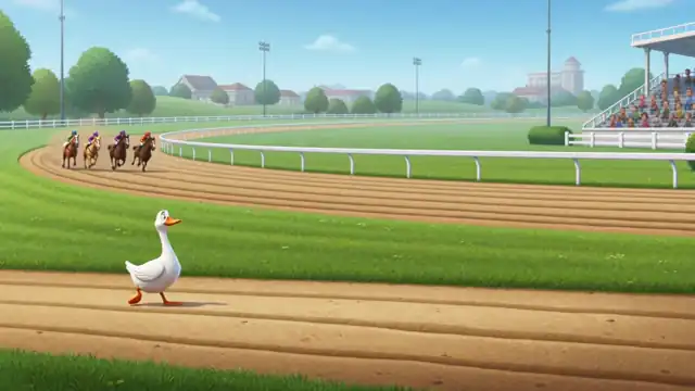 Animated loop: the field pulls up mid-race because a goose is standing on the track with its wings out