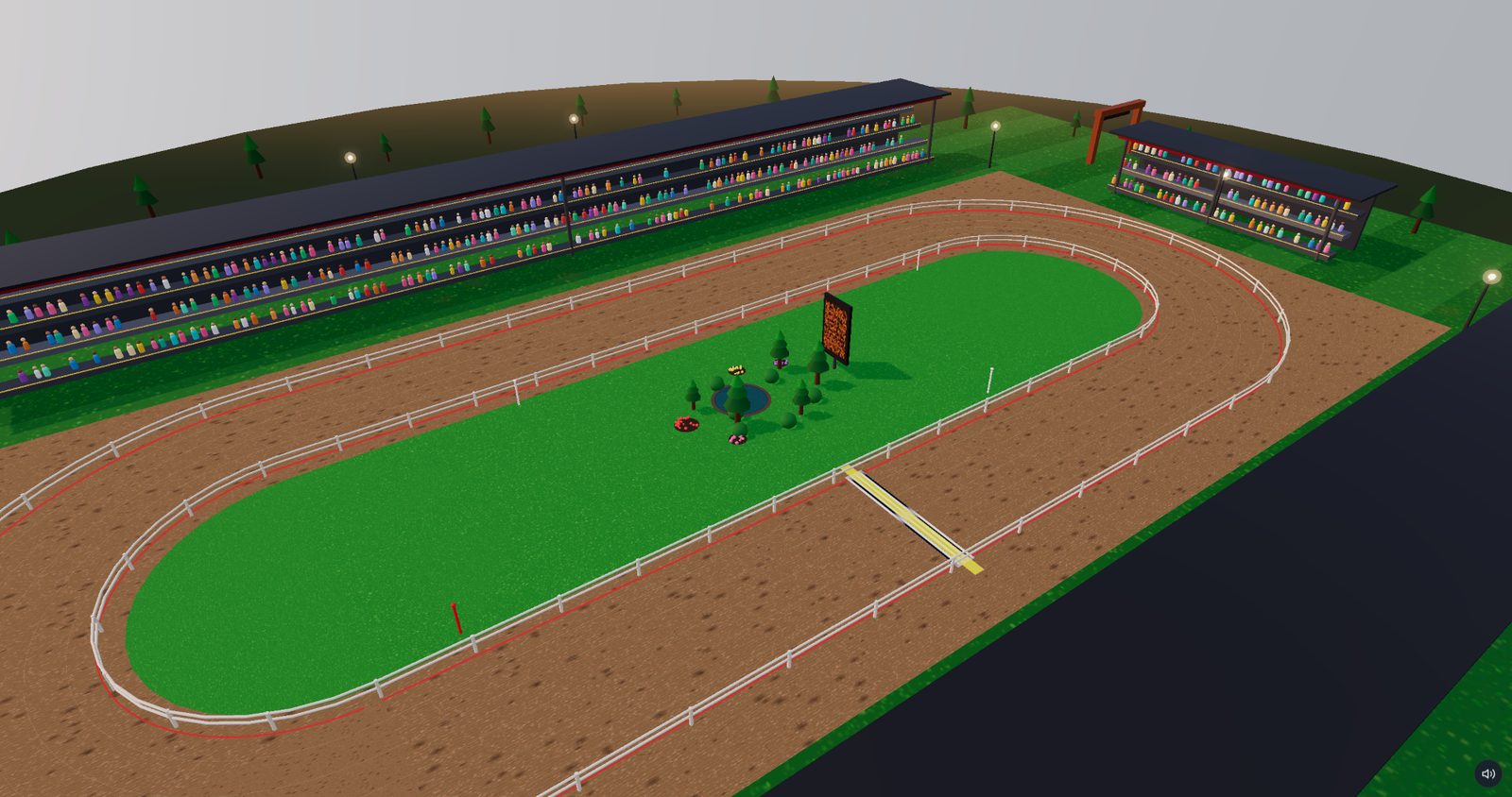 Runnin' Mules stadium overview: grandstands, mowed infield, tote board, and the full oval track