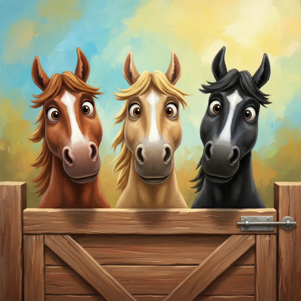 Generated splash art: three cartoon horses peering over a wooden stall door